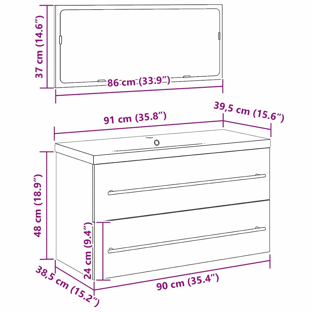 Waschbeckenunterschrank mit Becken 3 pcs Schwarz Eichen-Optik