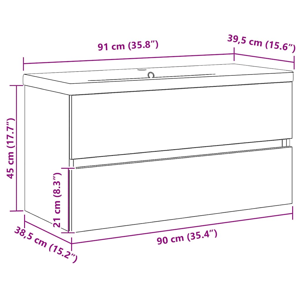 Waschbeckenunterschrank Schwarz Eichen-Optik 90 x 39 x 62 cm