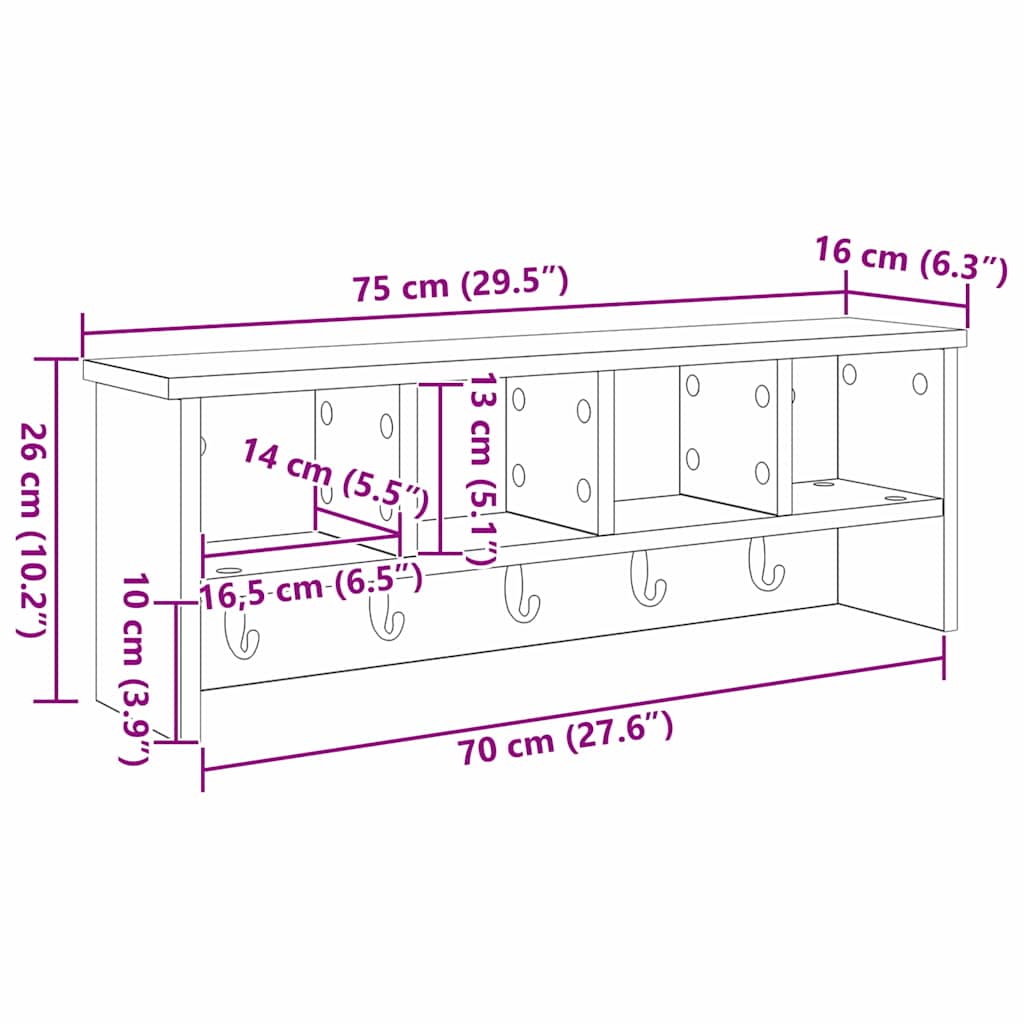Wandmontierter Kleiderständer mit Regal Altholz 75 x 16 x 26 cm