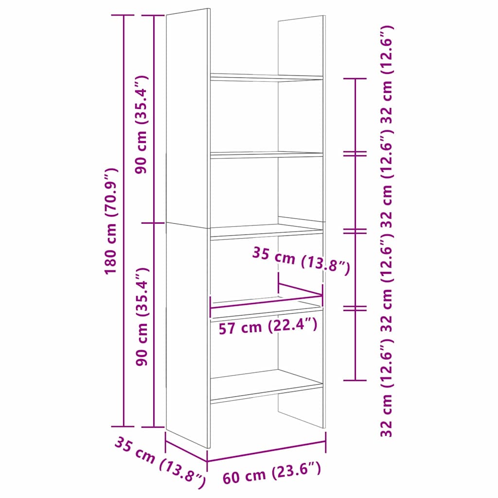 Bücherregal Schwarz Eichen-Optik 60 x 35 x 180 cm Holzwerkstoff