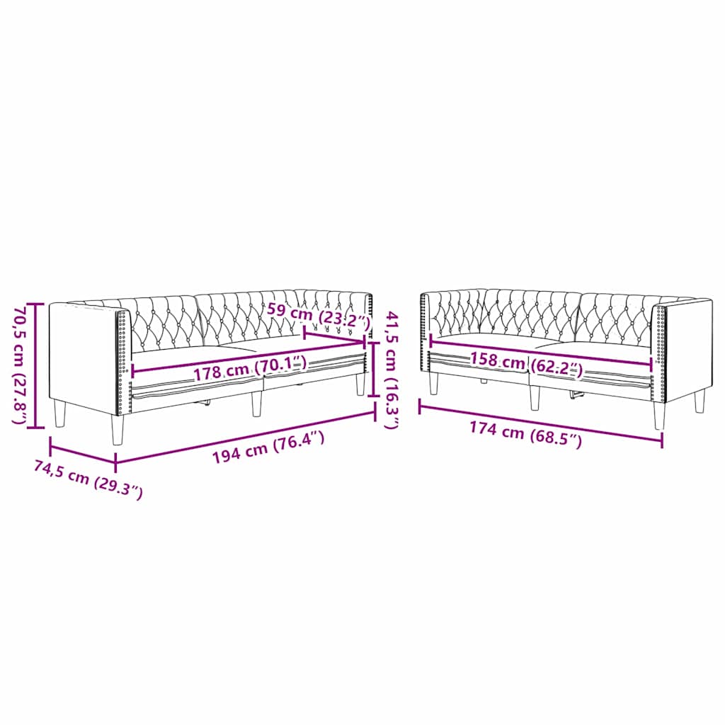 Sofa Set 2 pcs Schwarz 194 x 74.5 x 70.5 cm Kunstleder