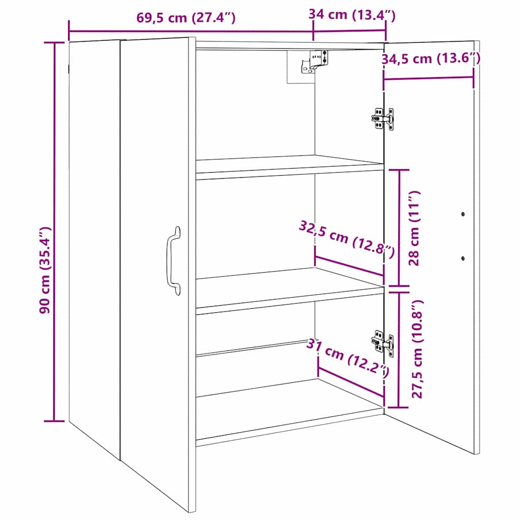Hängeschrank Schwarz Eichen-Optik 69.5 x 34 x 90 cm