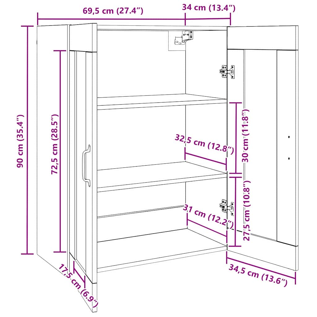 Hängeschrank Schwarz 69.5 x 34 x 90 cm Holzwerkstoff