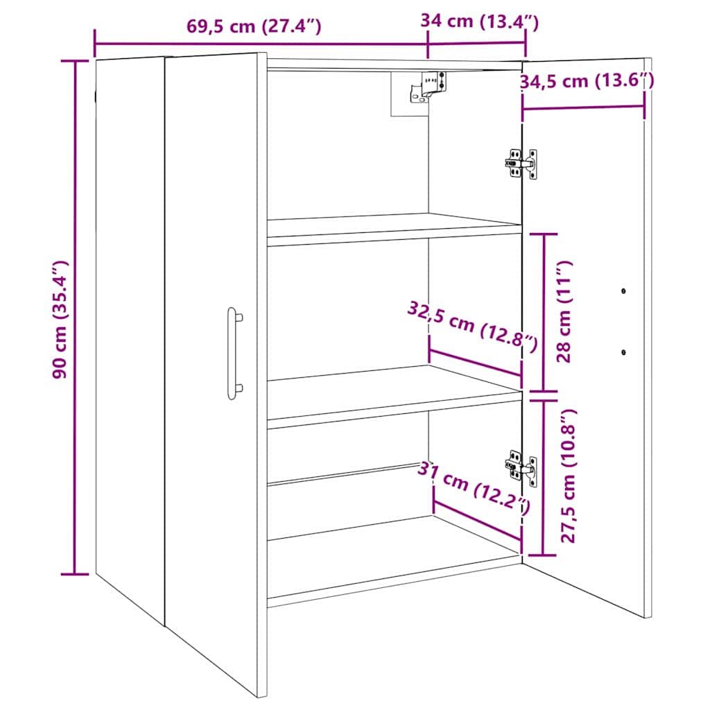 Wandschrank Schwarz Eichen-Optik 69.5 x 34 x 90 cm