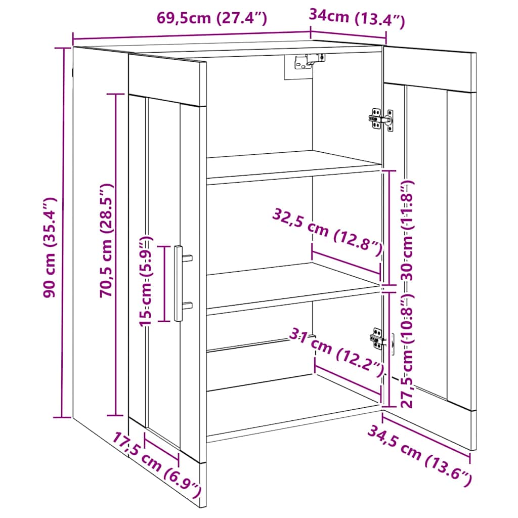Wandschrank Wandmontiert Schwarz Eichen-Optik 69.5 x 34 x 90 cm