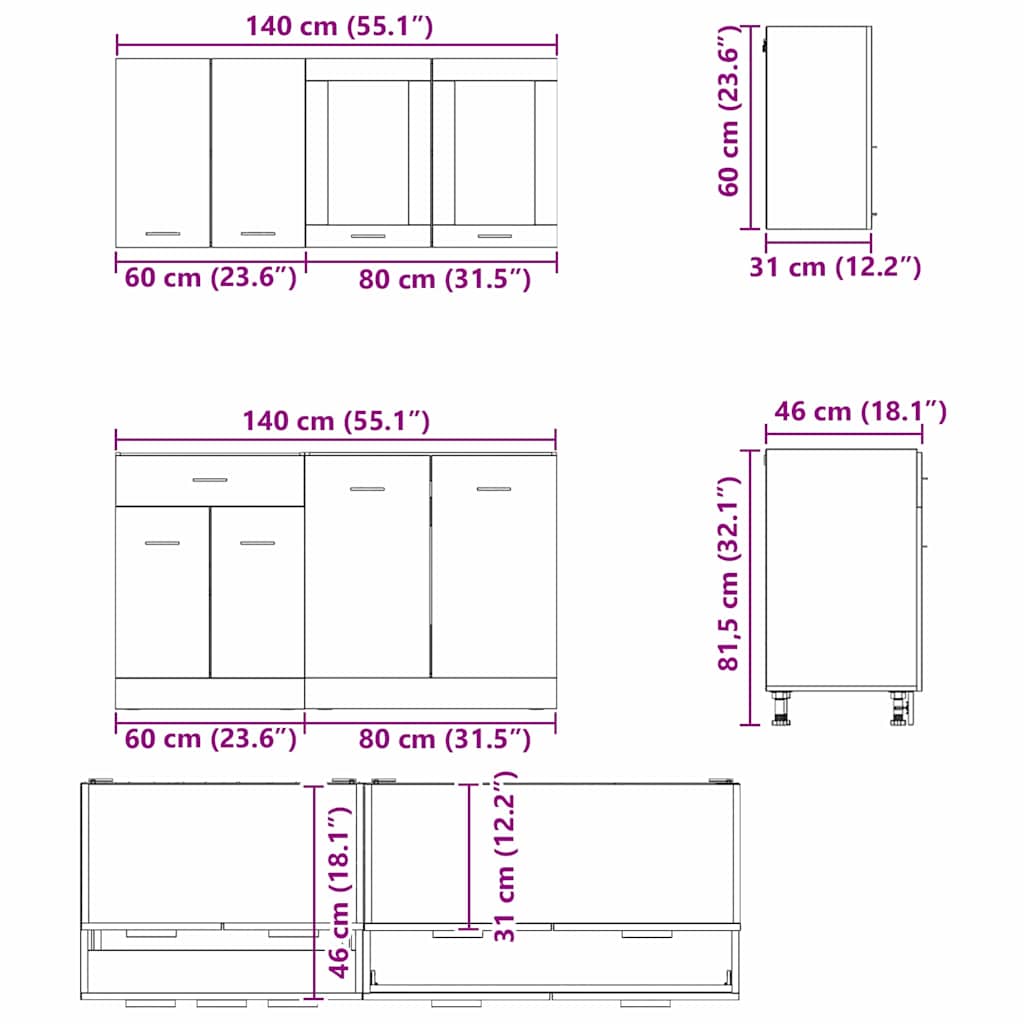 Küchenschrank-Set Lyon 4 pcs Grau Sonoma 140 x 46 x 81.5 cm