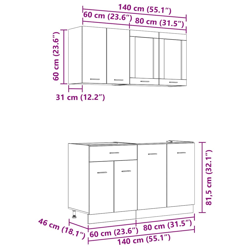 Küchenschrank-Set Lyon 4 pcs Grau Sonoma 140 x 46 x 81.5 cm