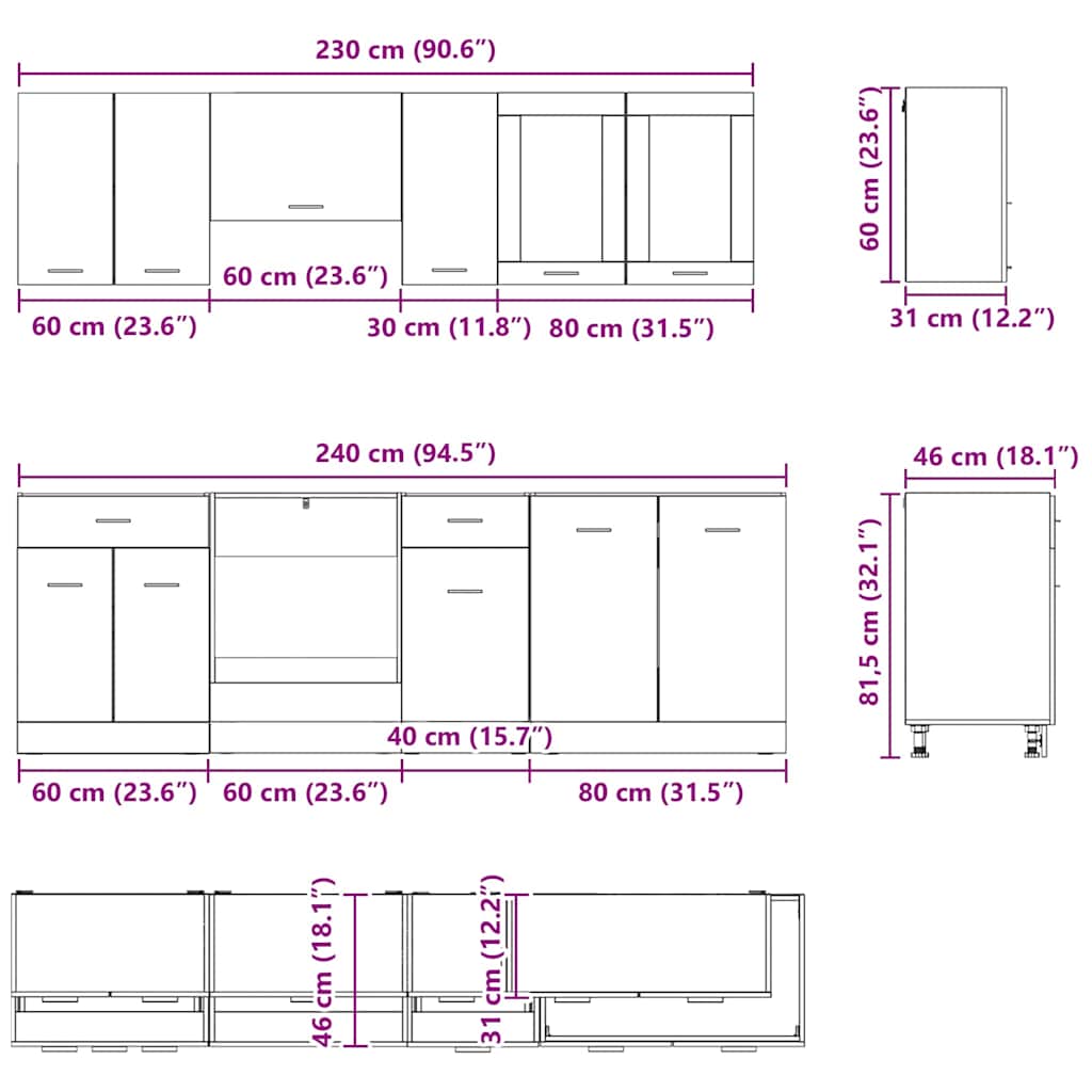 Küchenschrank-Set Lyon 8 pcs Graues Sonoma 240 x 46 x 81,5 cm