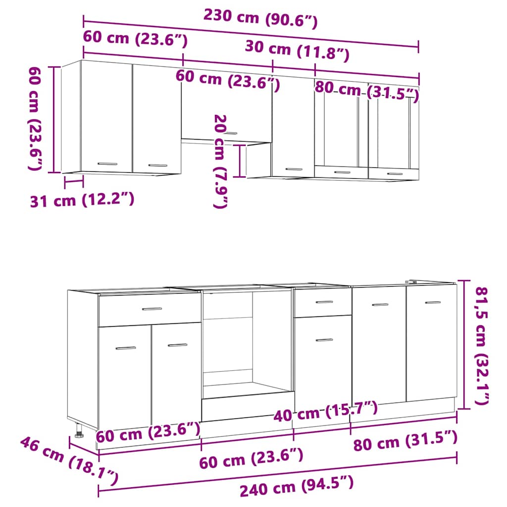 Küchenschrank-Set Lyon 8 pcs Graues Sonoma 240 x 46 x 81,5 cm