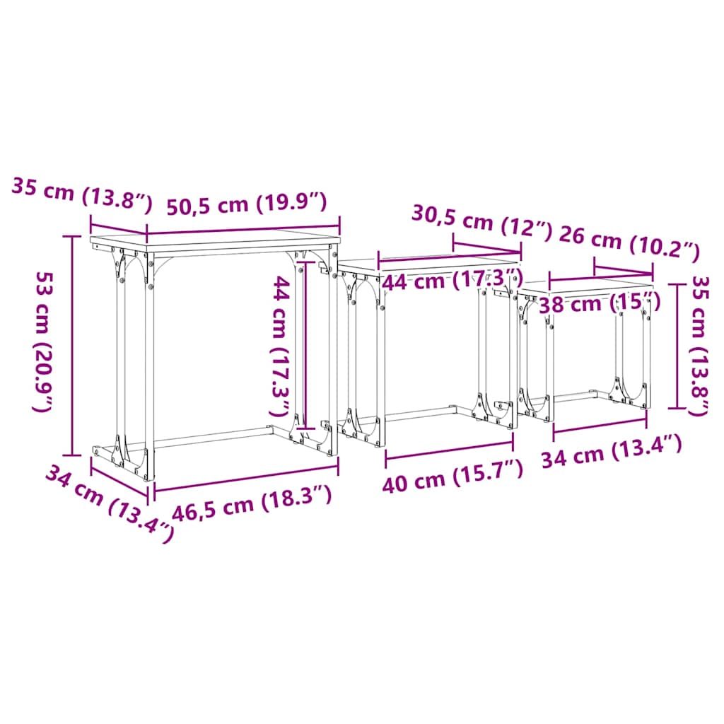 Nesting Couchtisch 3 pcs Schwarz Eichen-Optik 50,5 x 35 x 53 cm