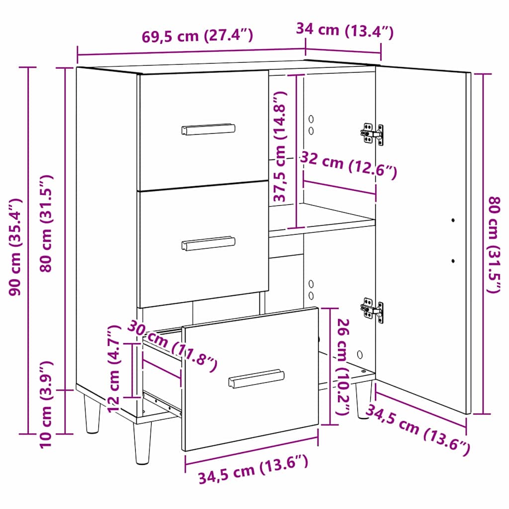 Sideboard Schwarz Eichen-Optik 34 x 69,5 x 90 cm Holzwerkstoff