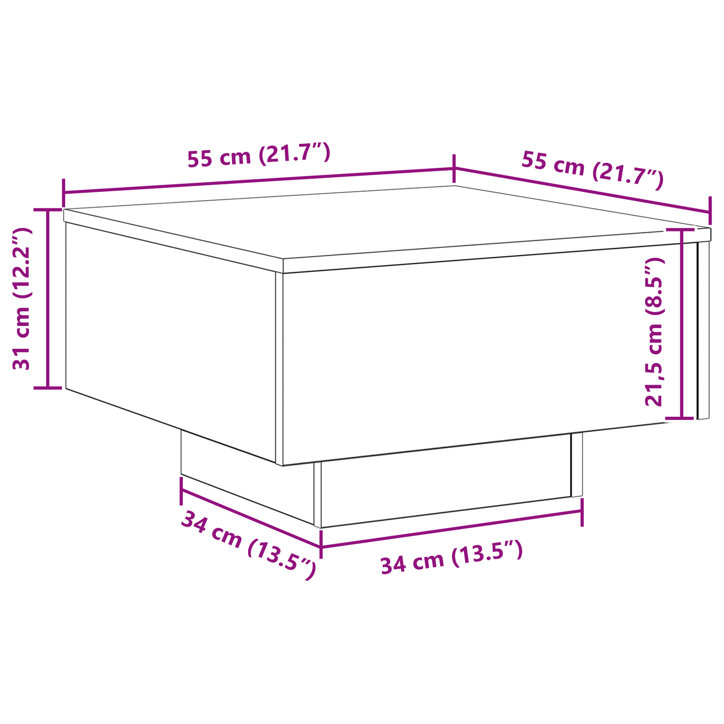 Couchtisch Eiche handwerklich 55 x 55 x 31 cm Holzwerkstoff