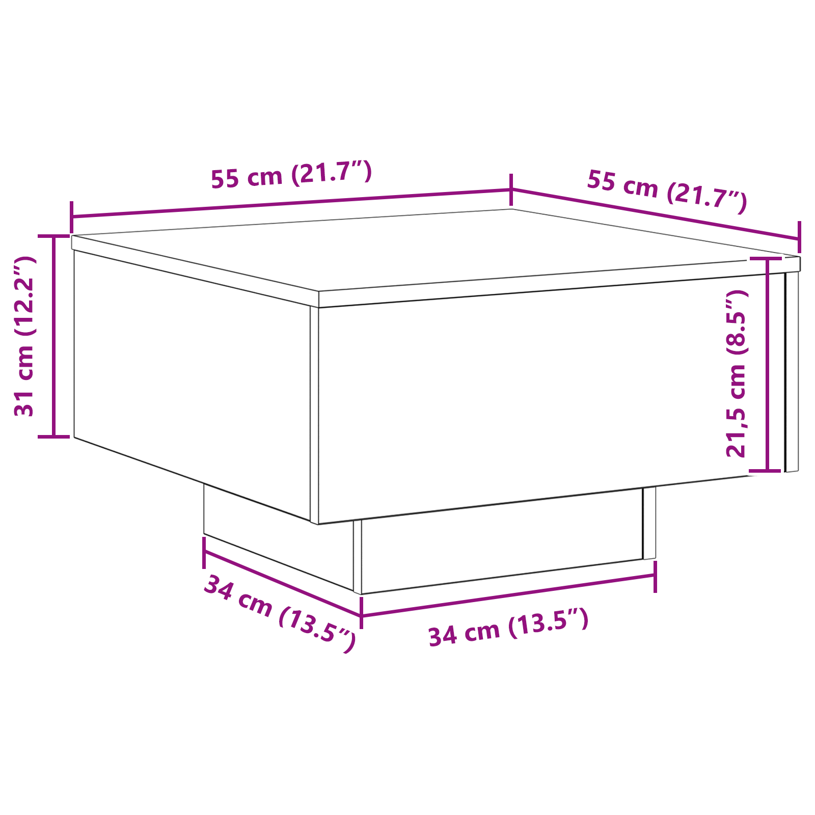 Couchtisch Eiche handwerklich 55 x 55 x 31 cm Holzwerkstoff