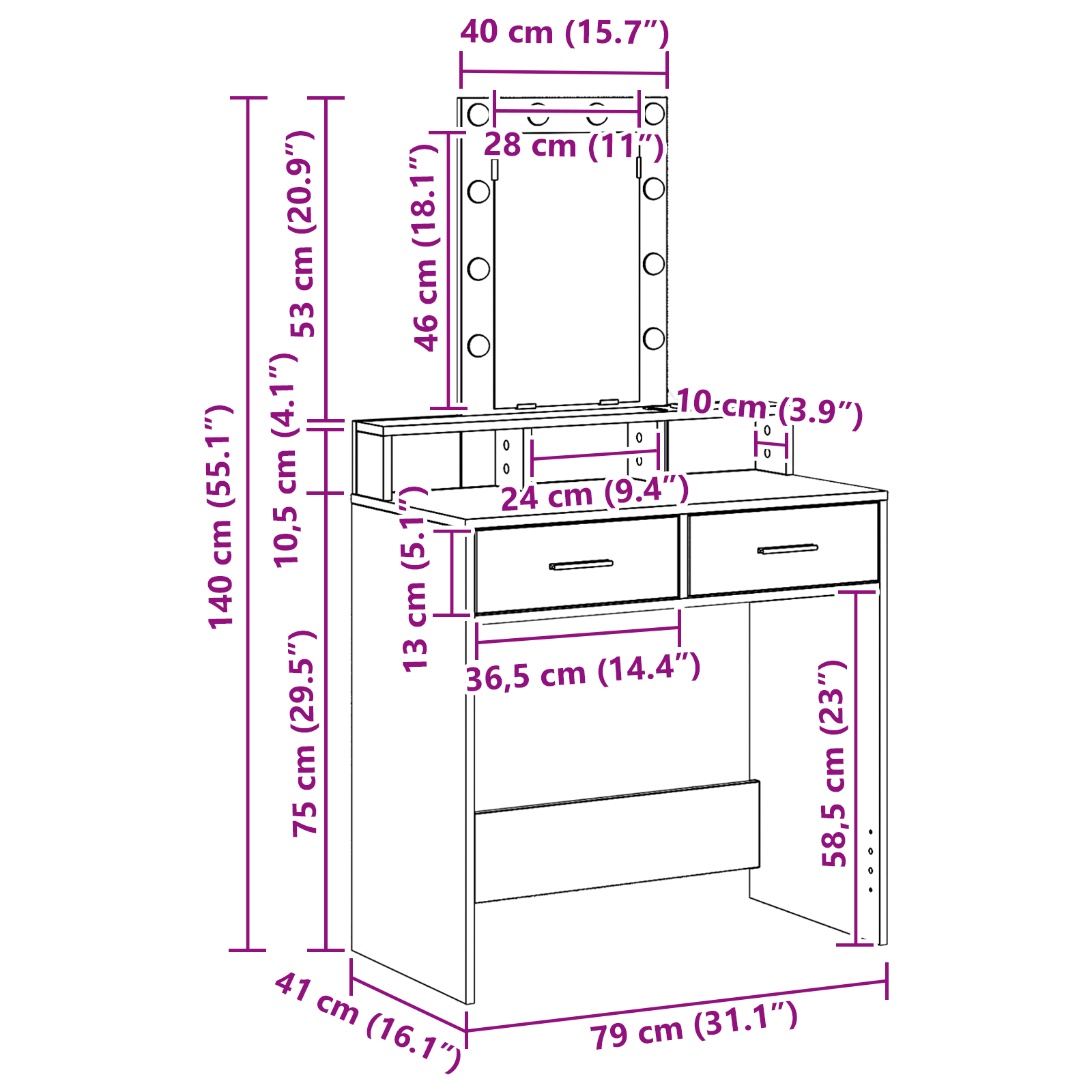 Schminktisch mit Spiegel Schwarz 79 x 41 x 140 cm Holzwerkstoff