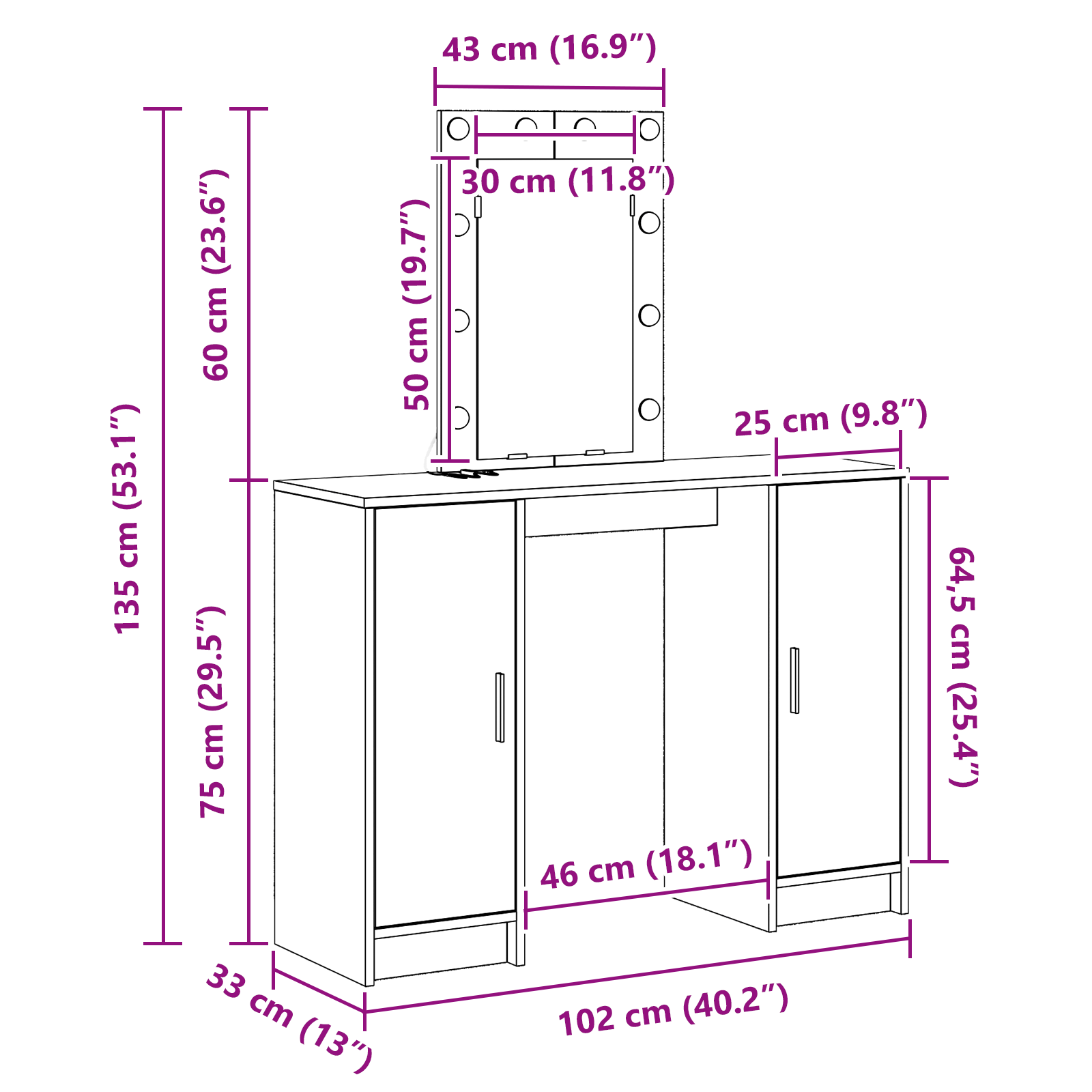 Schminktisch mit Tür Schwarz 102 x 33 x 135 cm Holzwerkstoff