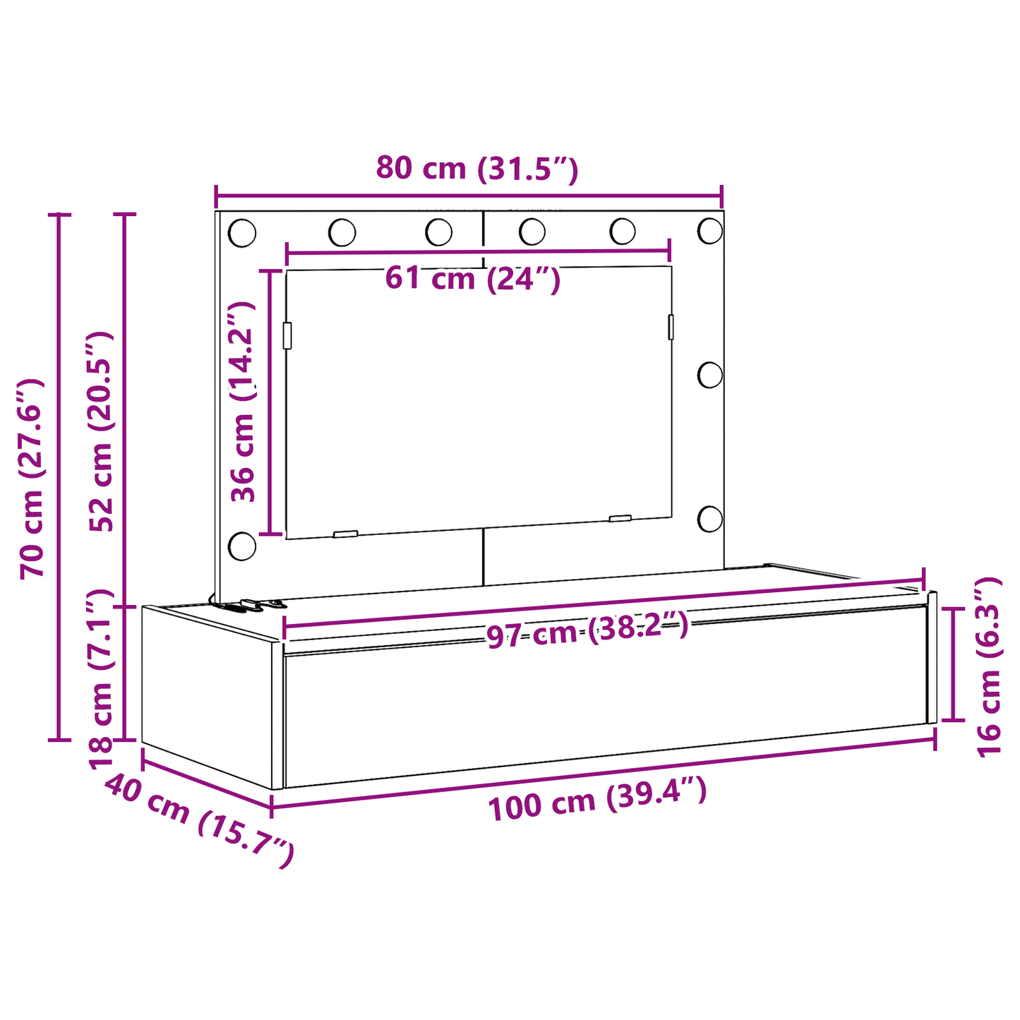 Schminktisch mit Spiegel Schwarz 100 x 40 x 70 cm Holzwerkstoff
